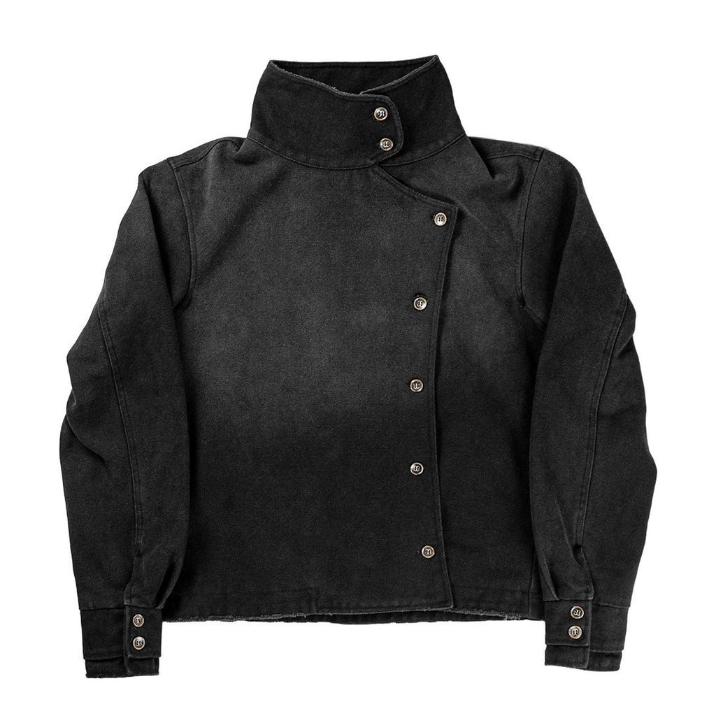Washed Vintage Jacket Stand Collar Loose Fit Streetwear Button Front Black - Image 6