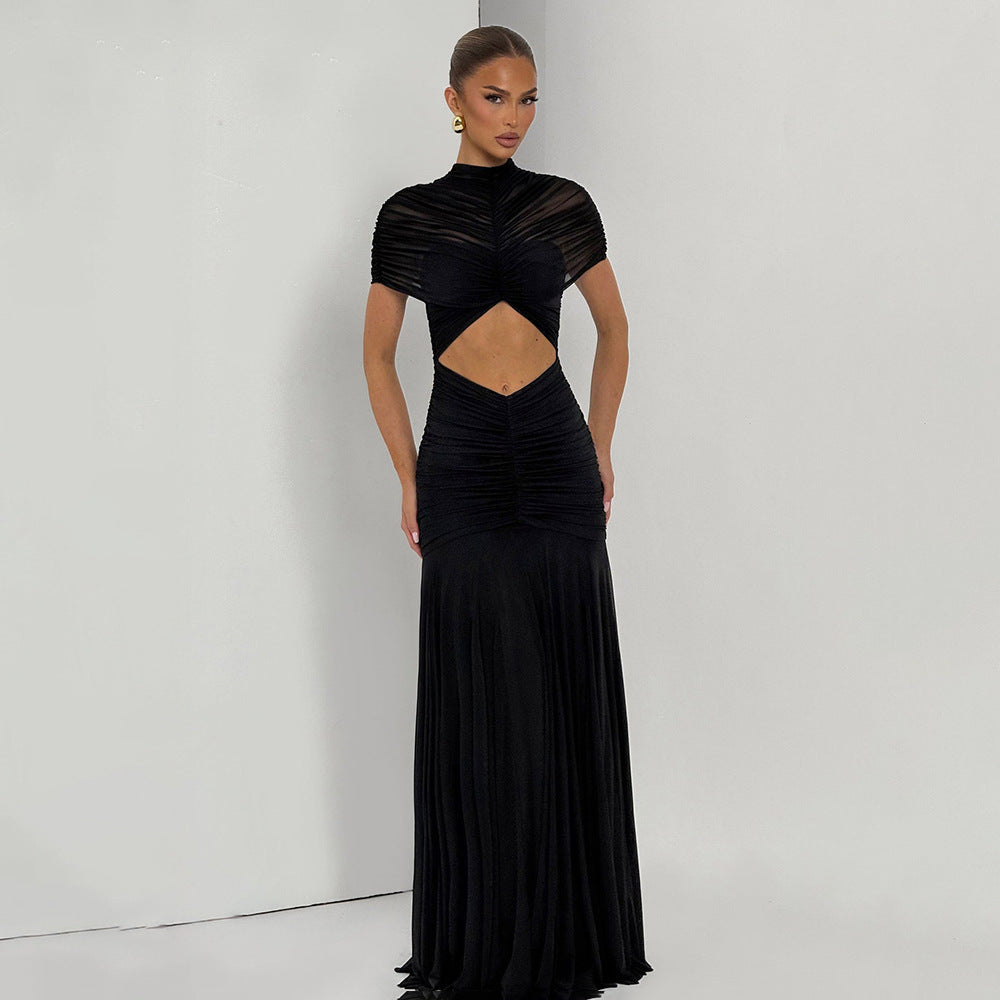 Women's Ruched Bodycon Maxi Dress Sexy Cutout Solid Color Long Dress