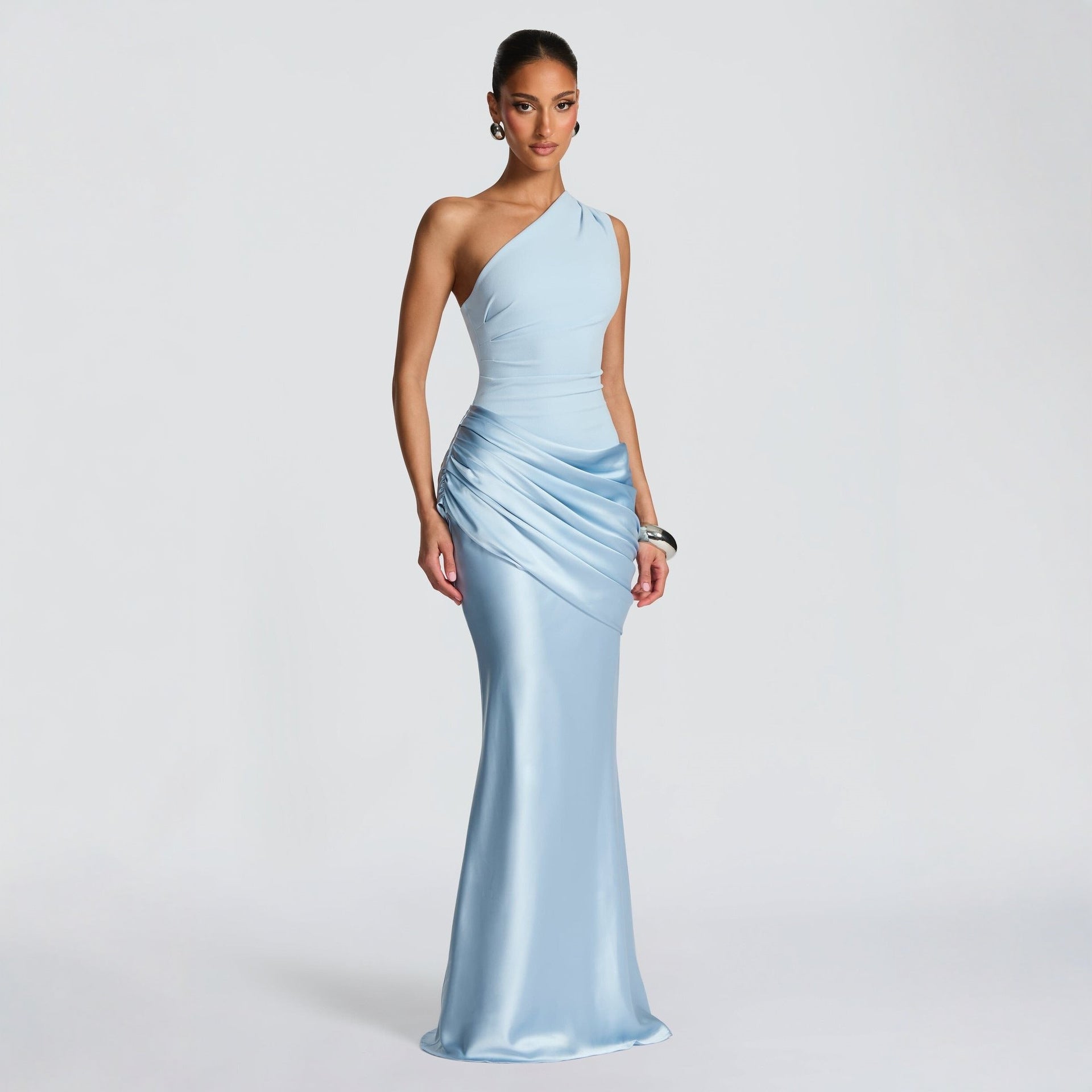 Satin Maxi Dress Long Sleeve Ruched Bodycon Elegant Evening Gown - Image 4
