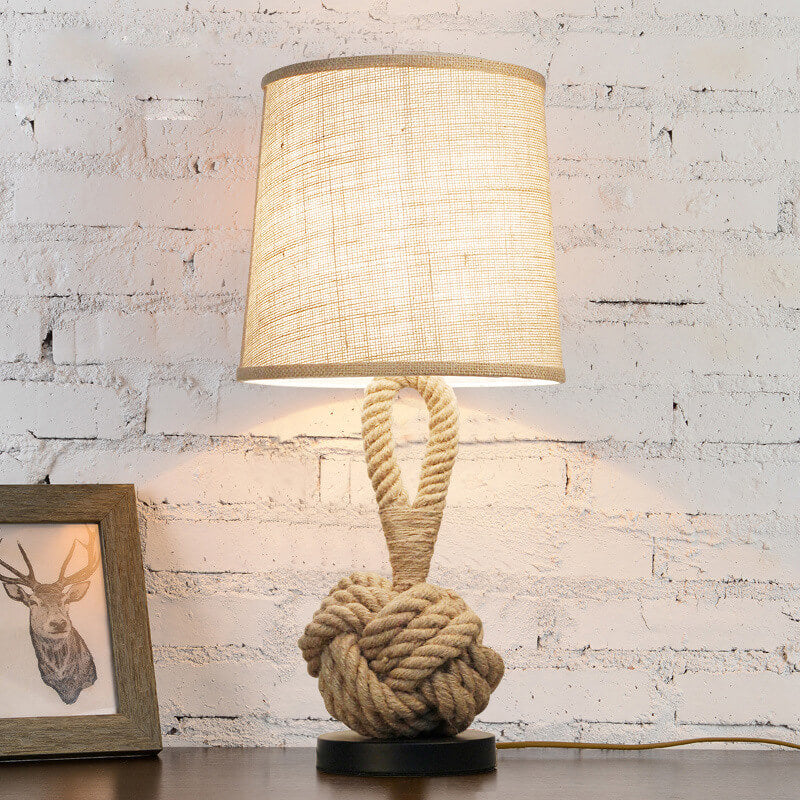 Vintage Table Lamp Fabric Shade Twine Wrapped Bedside Accent Lighting