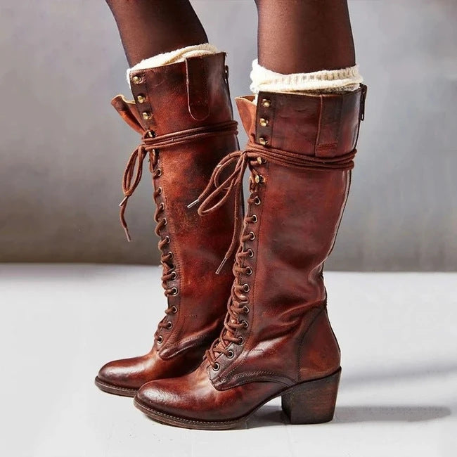 Women’s Fashion Heel Lace-Up Knee-High Boots