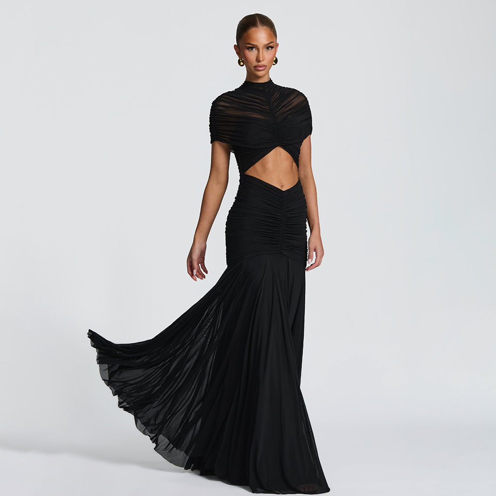 Women's Ruched Bodycon Maxi Dress Sexy Cutout Solid Color Long Dress - Image 2