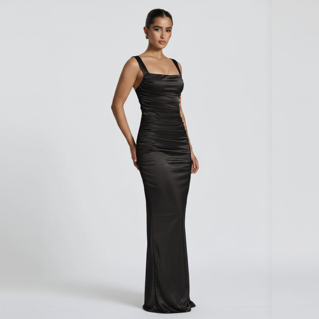Women's Evening Dress Ruched Bodycon Spaghetti Strap Long Formal Maxi Gown - Image 8