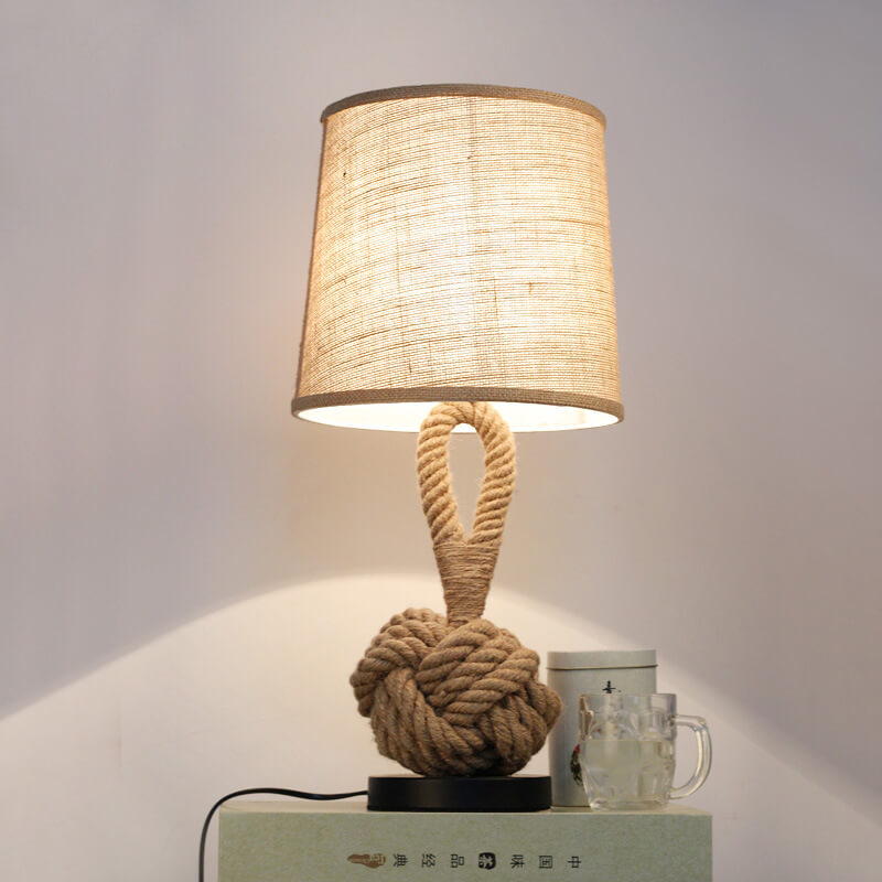 Vintage Table Lamp Fabric Shade Twine Wrapped Bedside Accent Lighting - Image 2
