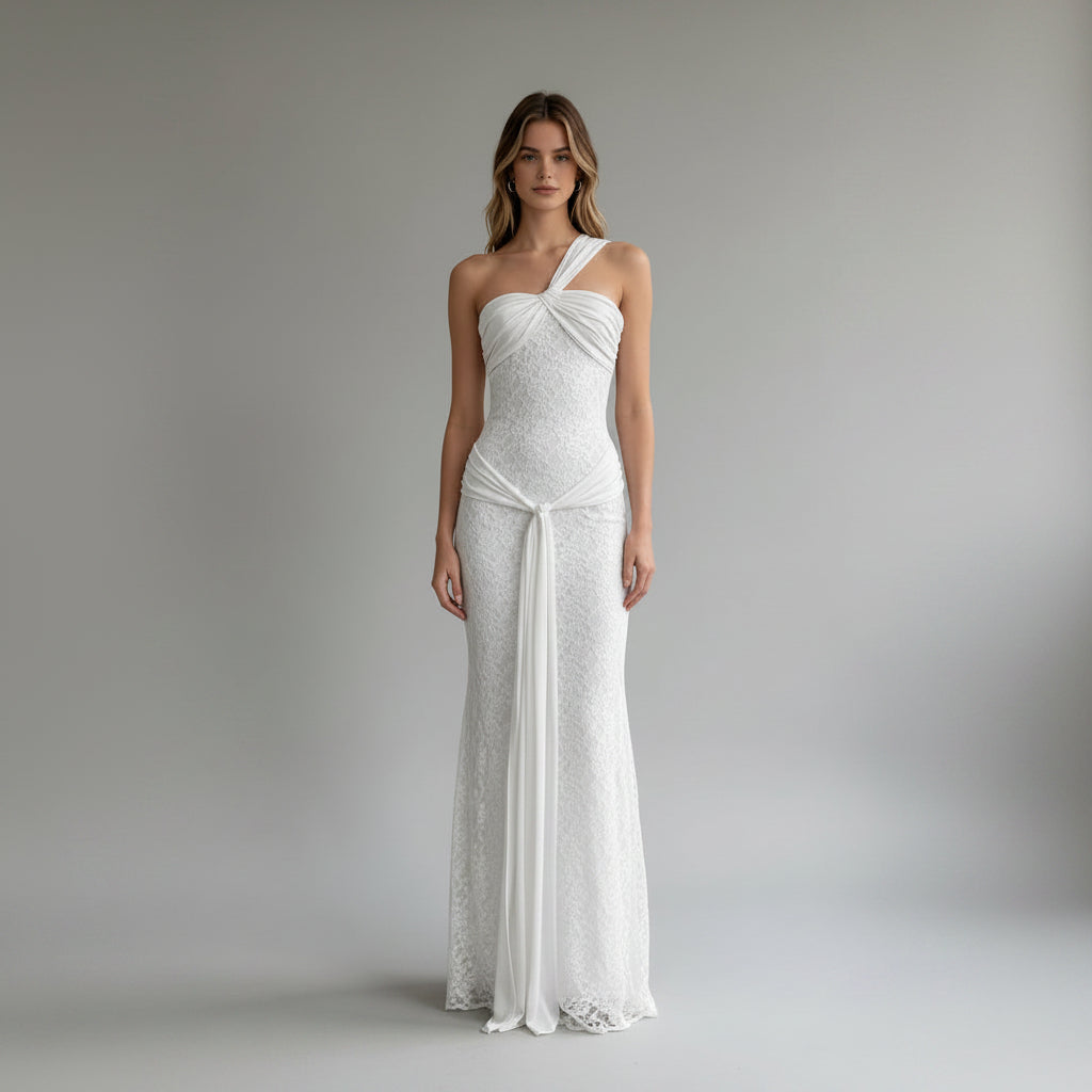 One Shoulder Lace Bodycon Maxi Dress Sleeveless Slim Fit Party Dress
