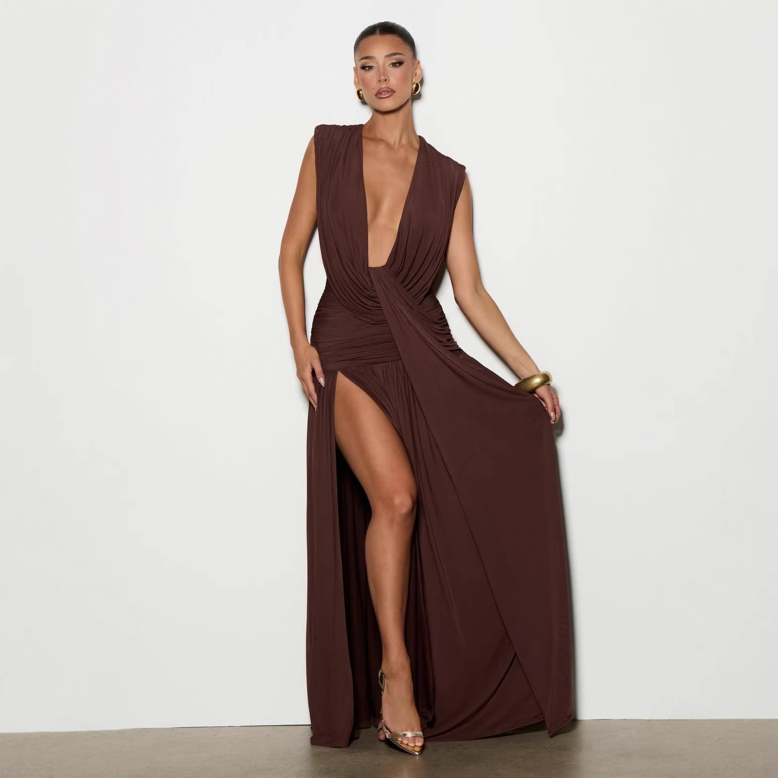Deep V Neck Ruched Bodycon Midi Dress Asymmetrical Hem Sleeveless - Image 3