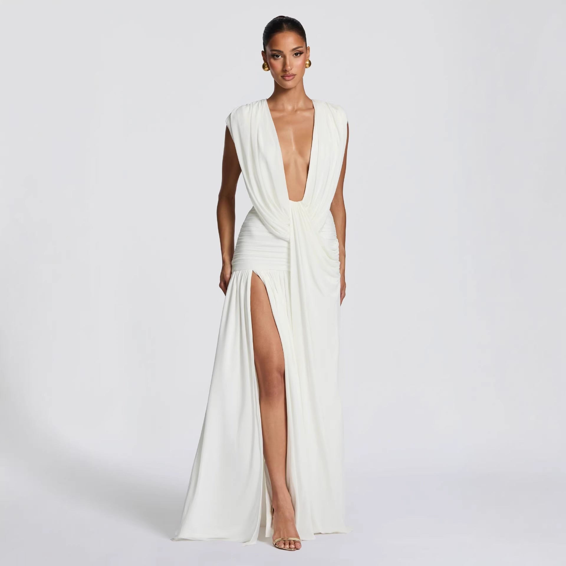 Deep V Neck Ruched Bodycon Midi Dress Asymmetrical Hem Sleeveless - Image 5