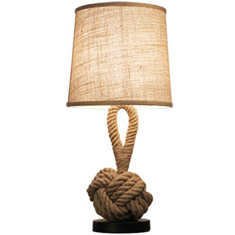 Vintage Table Lamp Fabric Shade Twine Wrapped Bedside Accent Lighting - Image 8