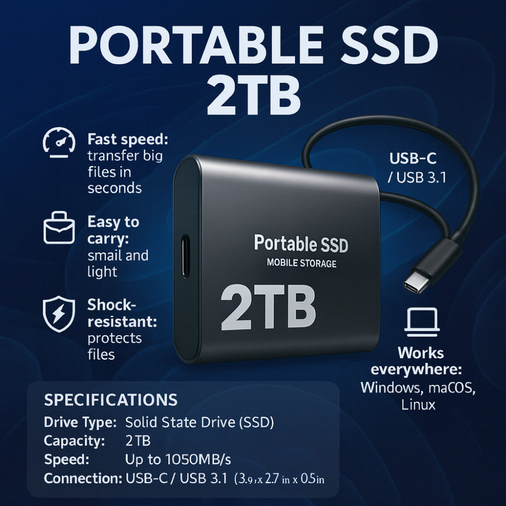 Ultra-Fast Reliable 2TB External SSD USB Storage for Laptops and Desktops
