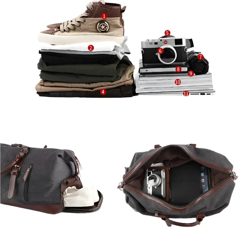 Men's Vintage Graphite Canvas and Brown Leather Weekender Travel Garment Duffle Bag - Image 4