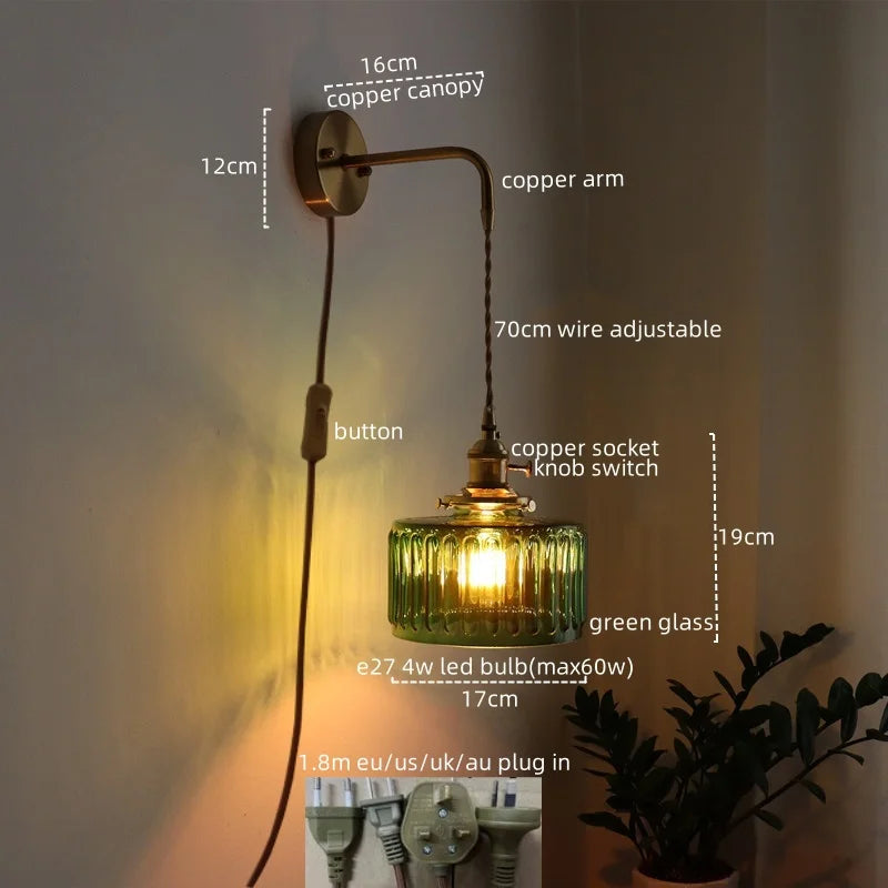 Japanese Vintage Wall Light Green Glass Shade LED Design - Image 2