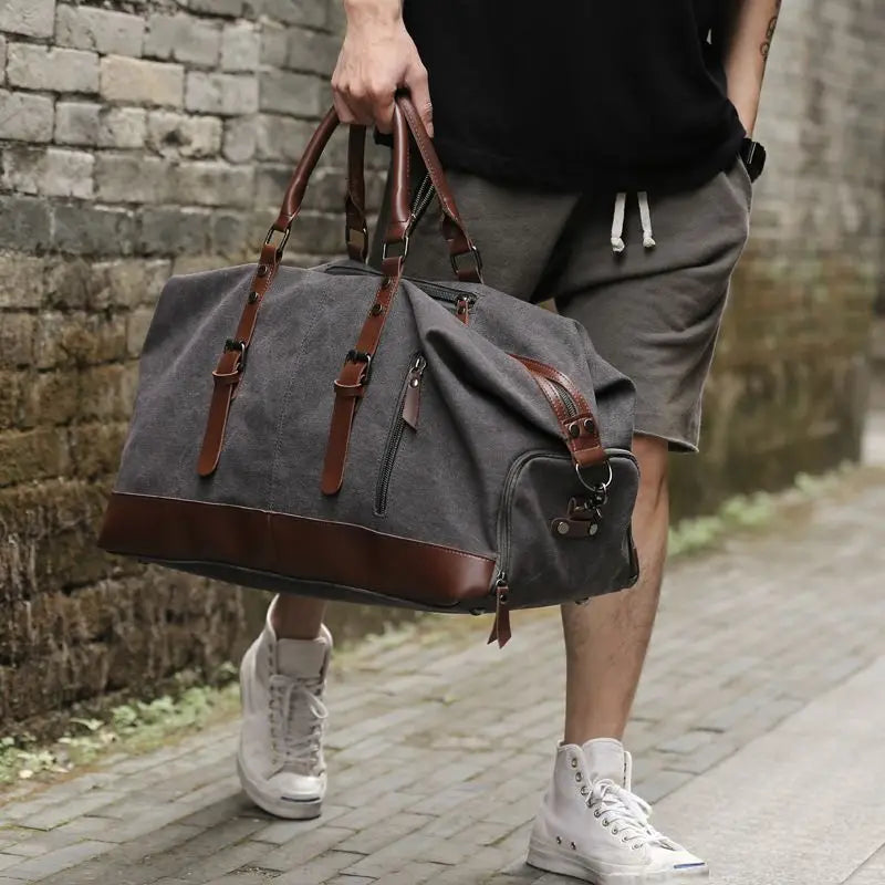 Men's Vintage Graphite Canvas and Brown Leather Weekender Travel Garment Duffle Bag - Image 3