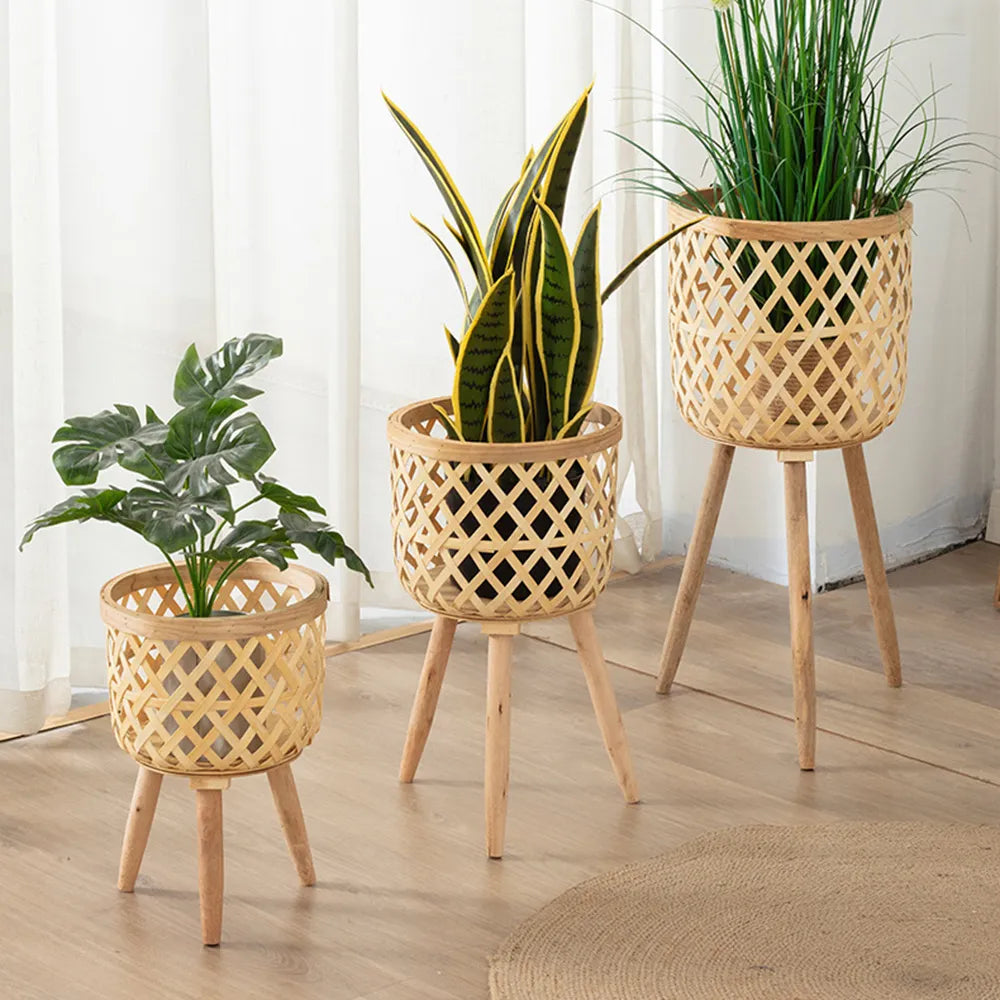 Bamboo Plant Stand Indoor Woven Flower Display Holder Boho Decor - Image 2