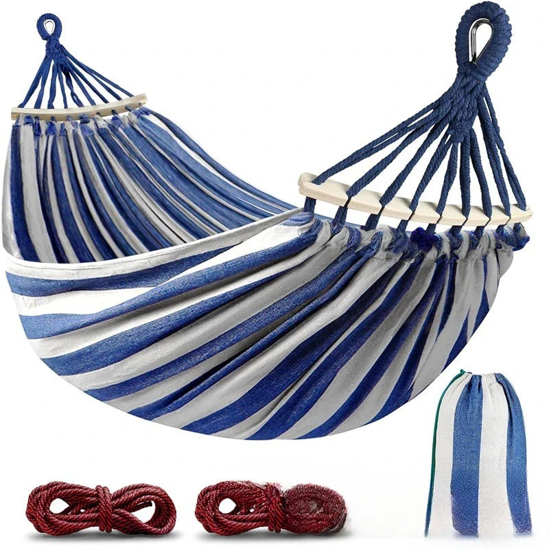 Double Hammock Canvas Swing Bed Wooden Spreader Bars Camping Outdoor