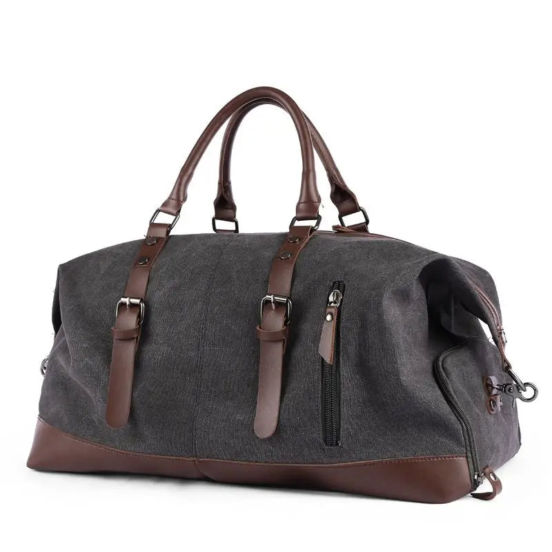 Men's Vintage Graphite Canvas and Brown Leather Weekender Travel Garment Duffle Bag