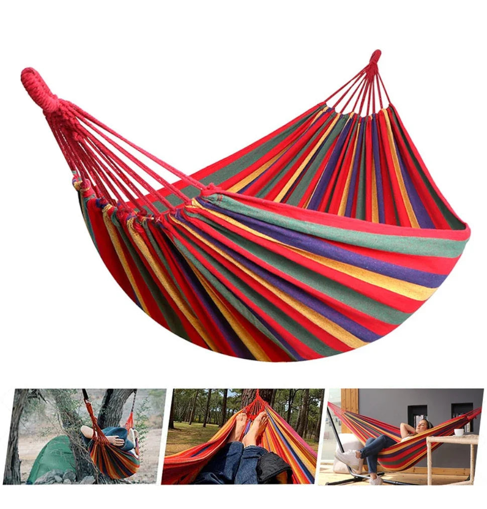 Double Hammock Striped Cotton Canvas Outdoor Camping Swing Bed - Image 2