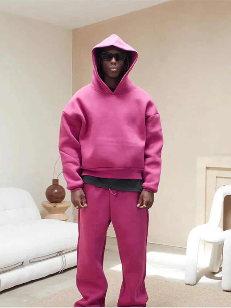 Men's Casual Oversized Warm Tracksuit with Hood and Adjustable Drawstring Pants