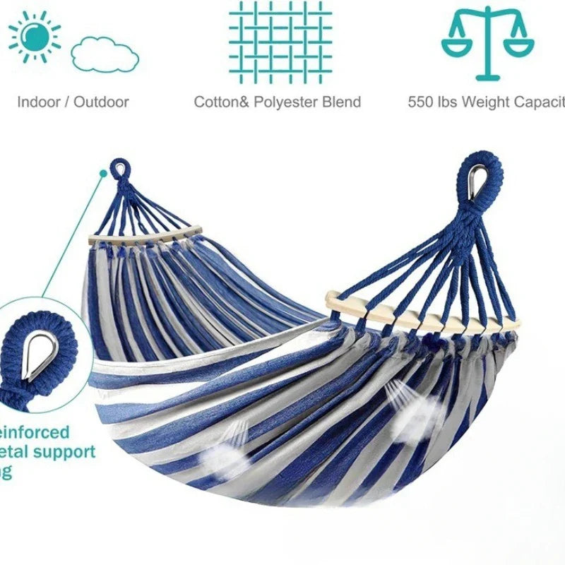 Double Hammock Canvas Swing Bed Wooden Spreader Bars Camping Outdoor - Image 3
