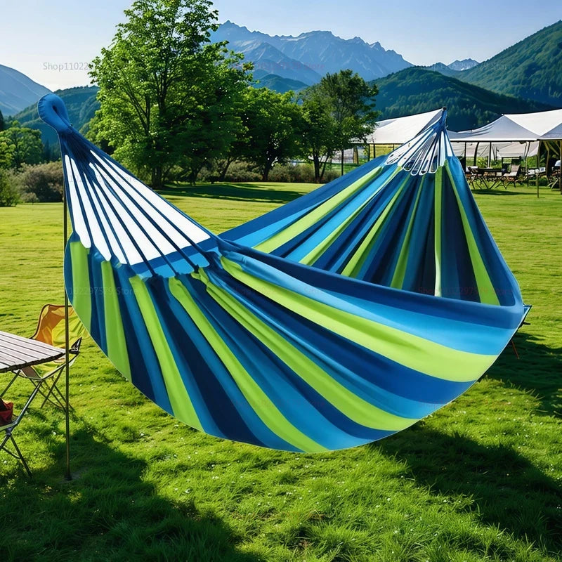 Double Hammock Striped Cotton Canvas Outdoor Camping Swing Bed