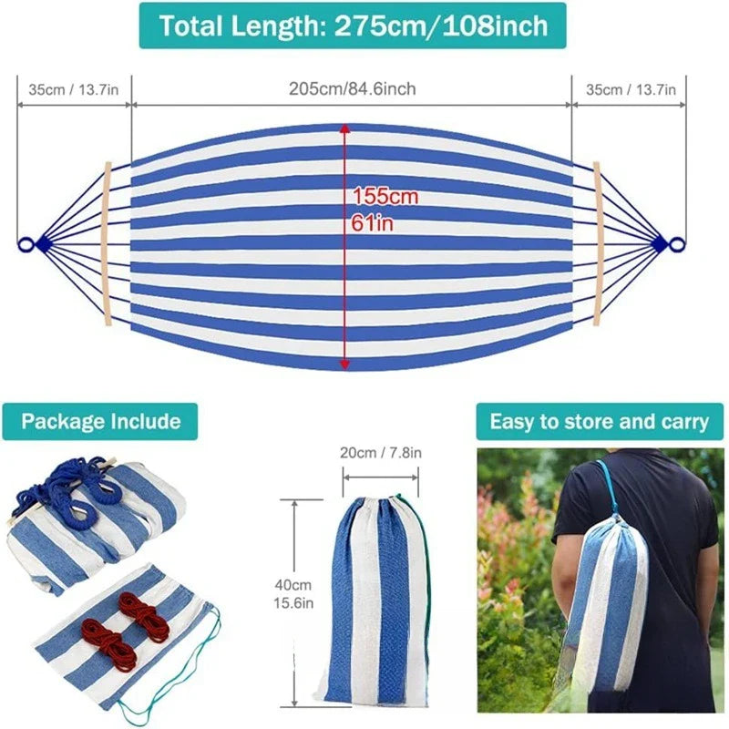 Double Hammock Canvas Swing Bed Wooden Spreader Bars Camping Outdoor - Image 4