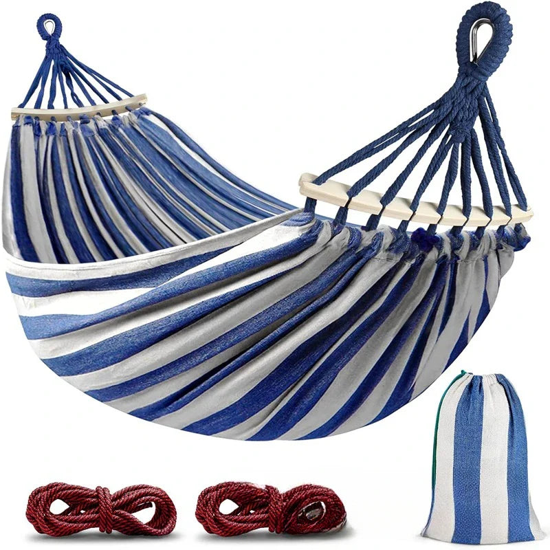 Double Hammock Canvas Swing Bed Wooden Spreader Bars Camping Outdoor - Image 6