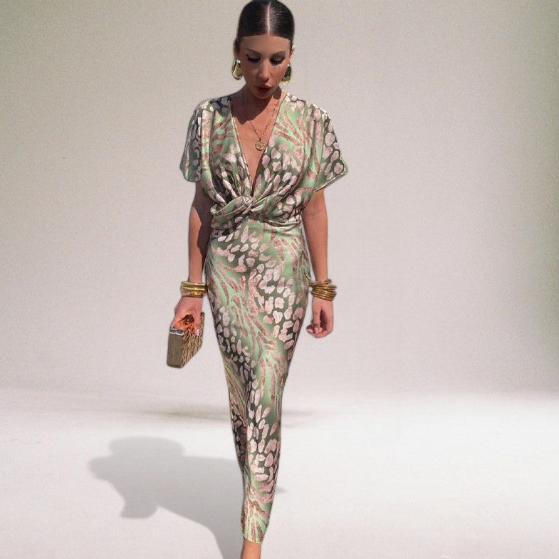 Sophisticated Twisted Flowy Long Maxi V-neck Dress for Women
