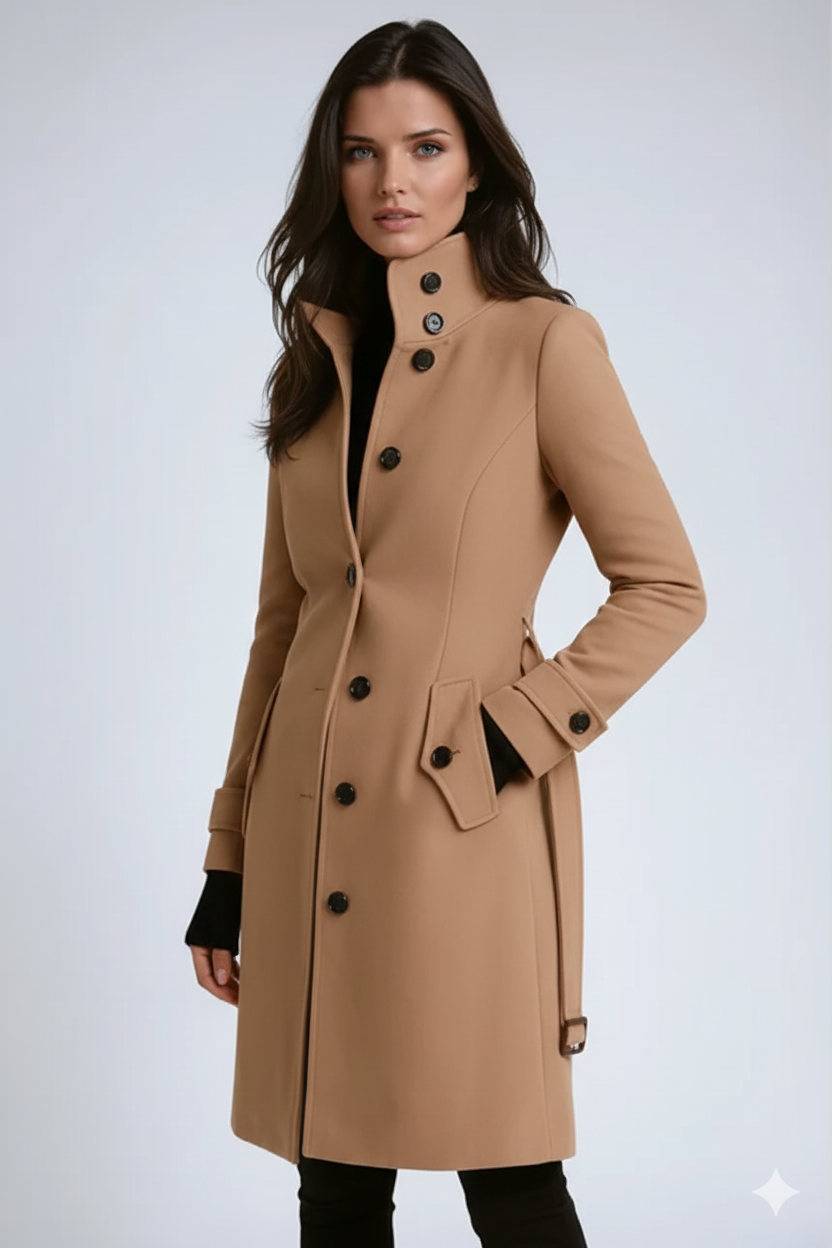 Women's Elegant Formal Long Fitted High Collar Trench Coat