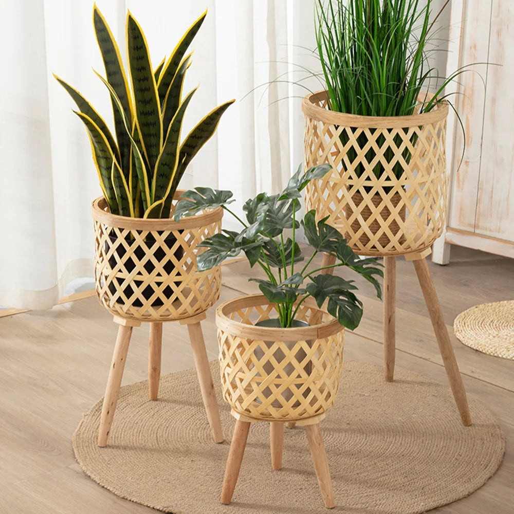 Bamboo Plant Stand Indoor Woven Flower Display Holder Boho Decor - Image 3