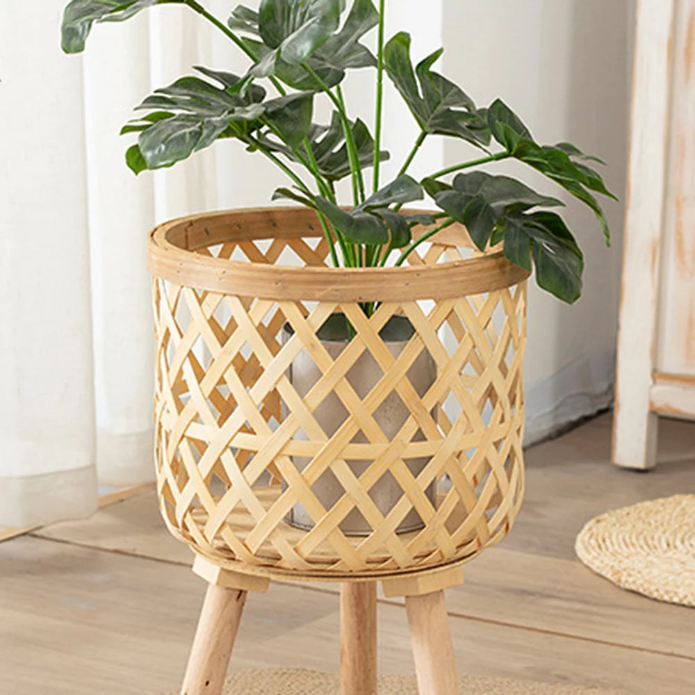 Bamboo Plant Stand Indoor Woven Flower Display Holder Boho Decor - Image 4