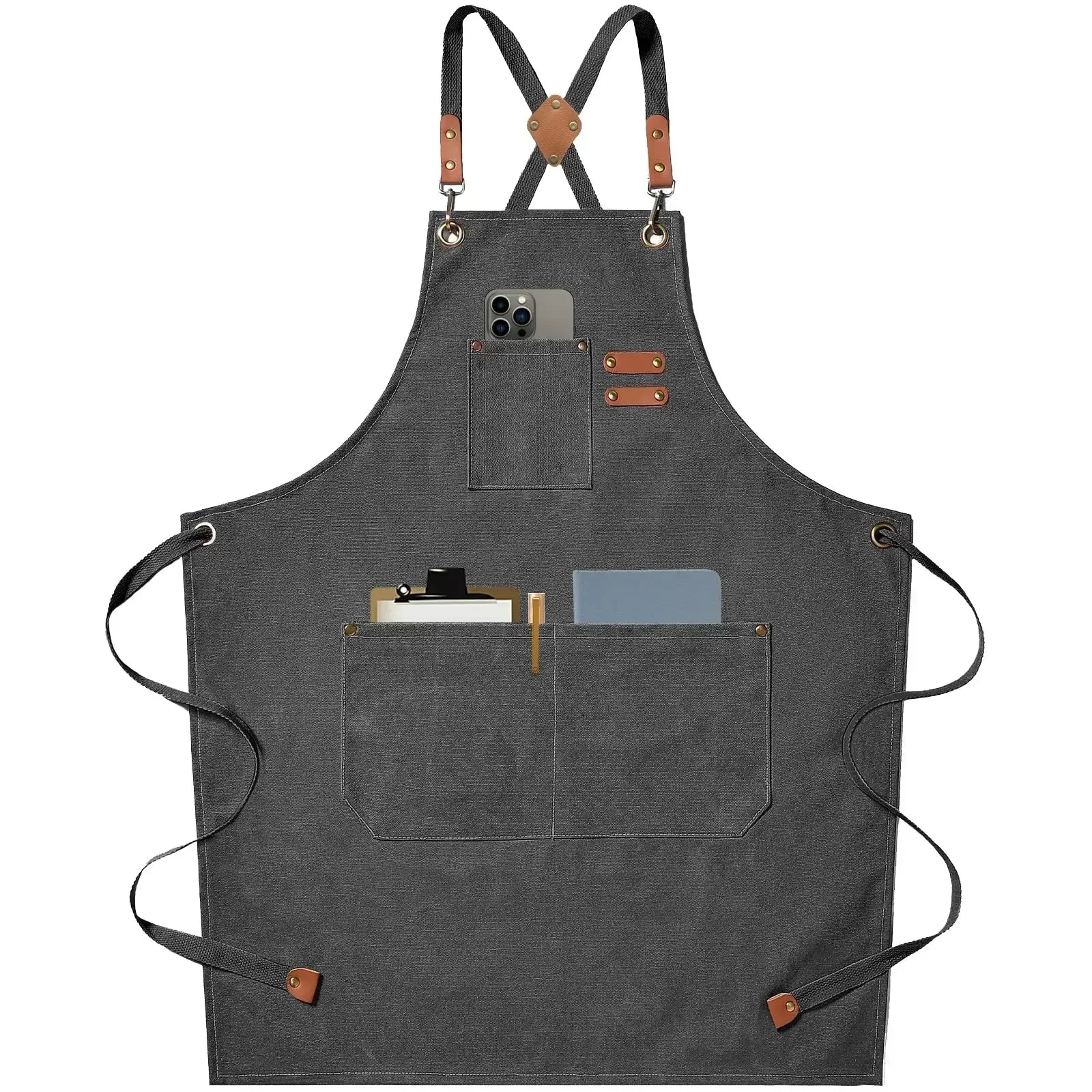 Canvas Apron Unisex Chef Kitchen Workwear Pockets Adjustable Fit