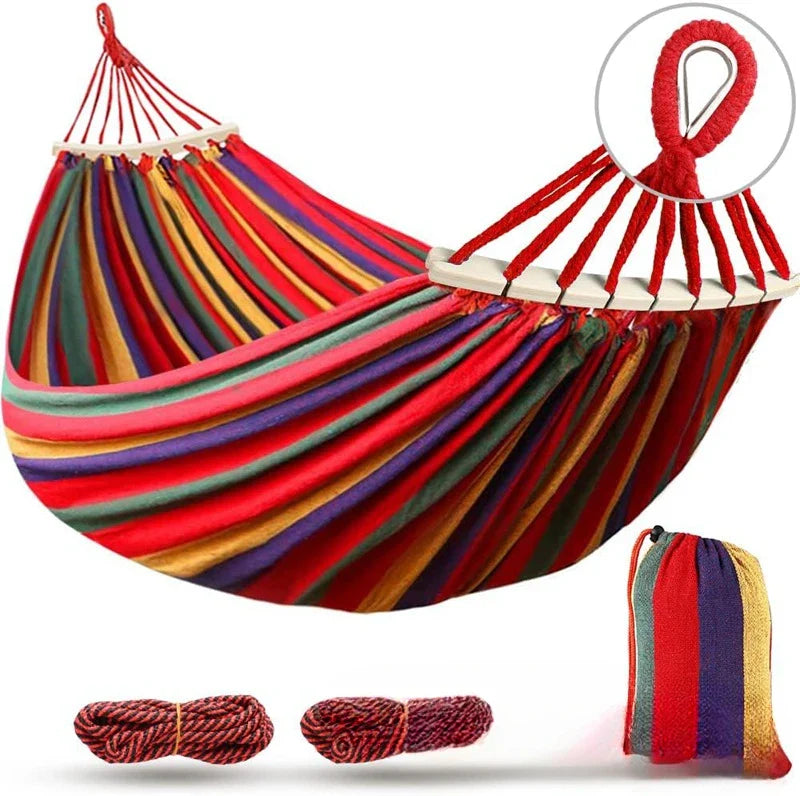 Double Hammock Canvas Swing Bed Wooden Spreader Bars Camping Outdoor - Image 7