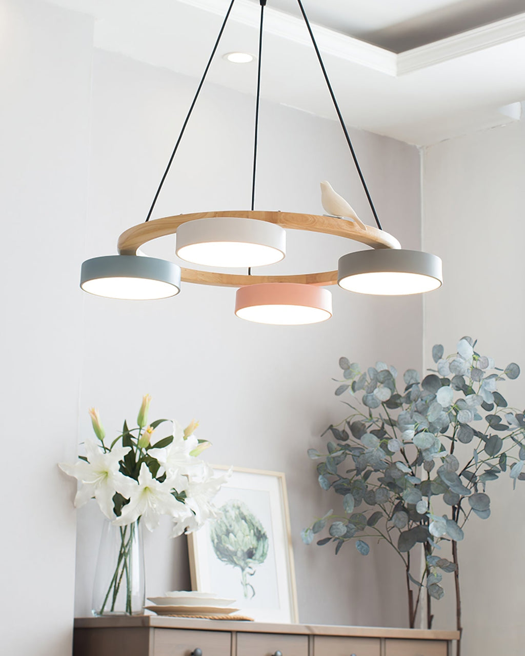 Nature-Inspired Bird Chandelier Round Wooden Frame with LED - Image 10