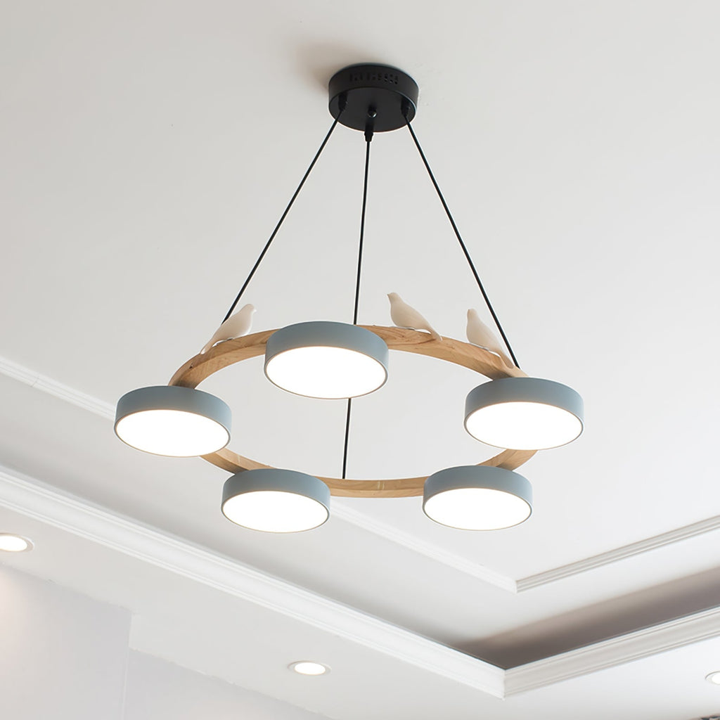 Nature-Inspired Bird Chandelier Round Wooden Frame with LED - Image 13