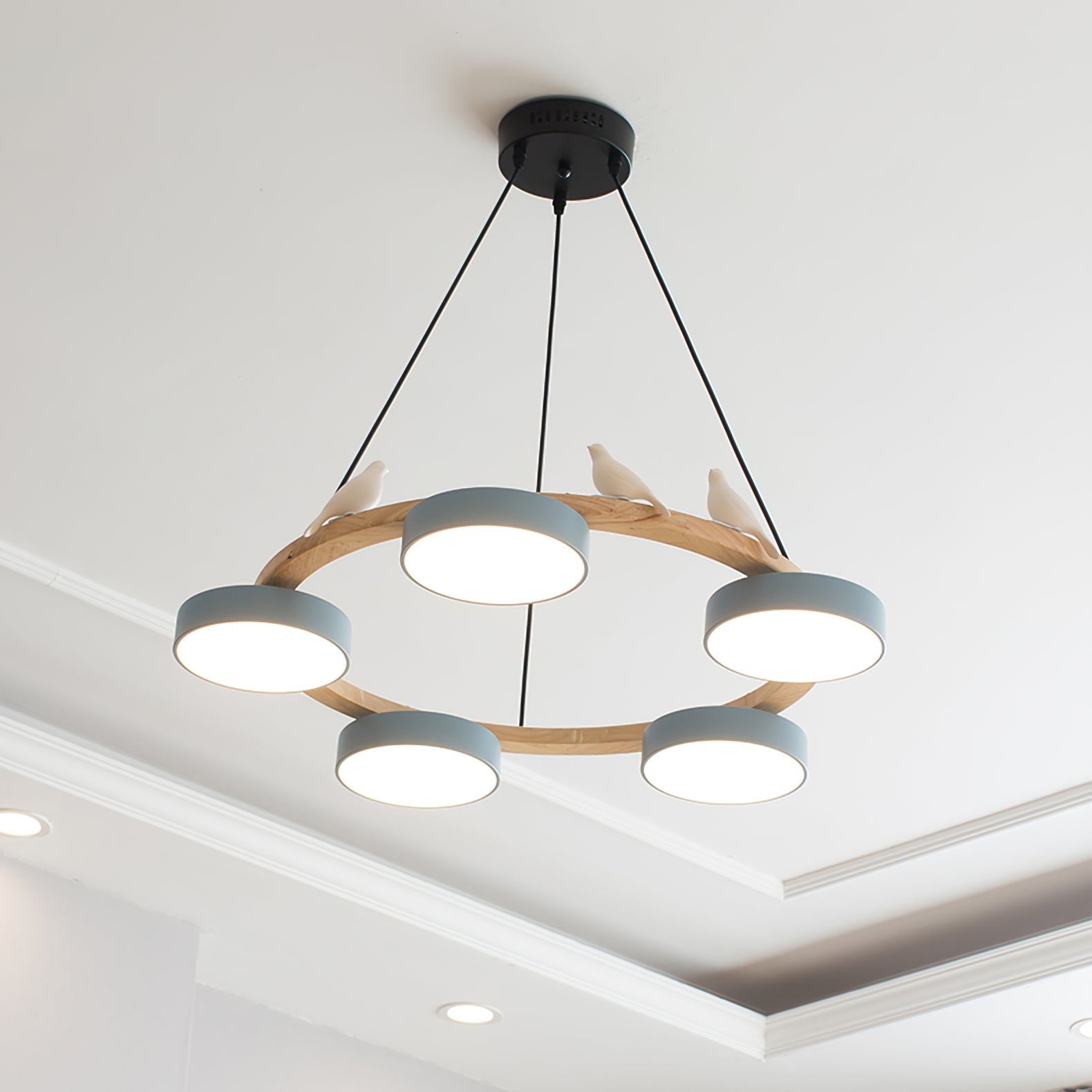 Nature-Inspired Bird Chandelier Round Wooden Frame with LED - Image 13