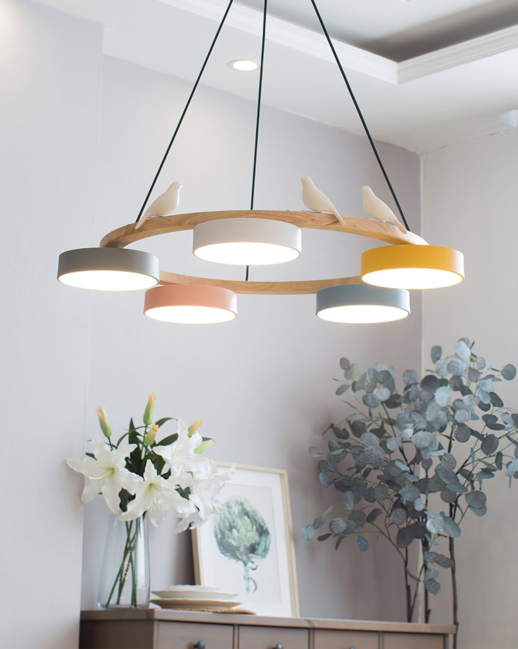 Nature-Inspired Bird Chandelier Round Wooden Frame with LED - Image 9