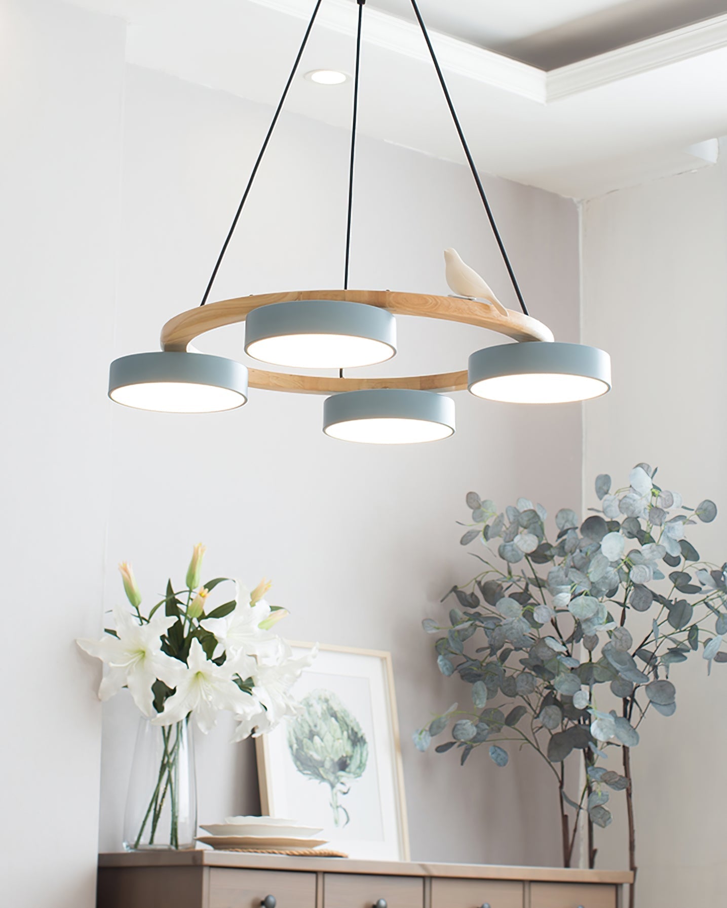 Nature-Inspired Bird Chandelier Round Wooden Frame with LED - Image 11