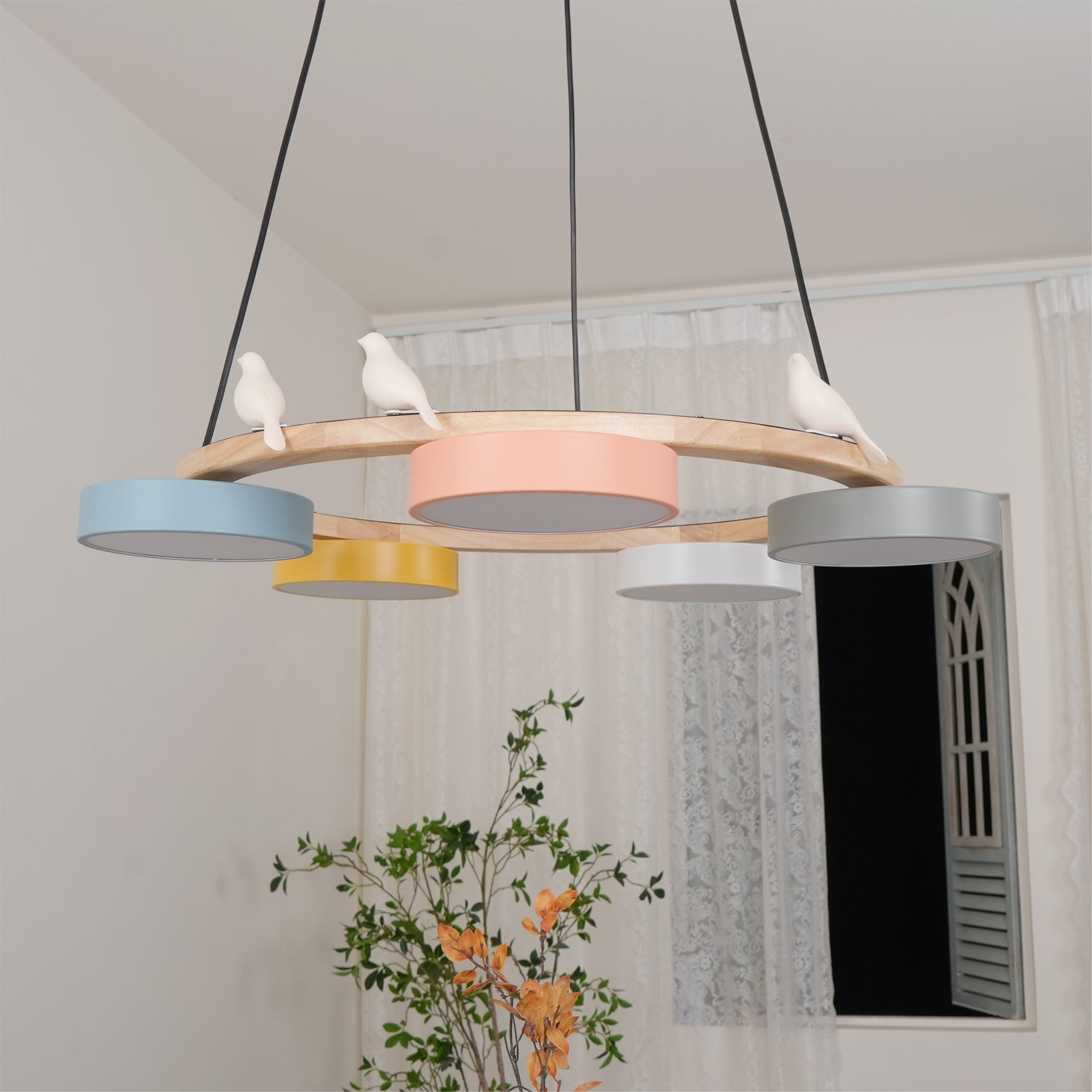 Nature-Inspired Bird Chandelier Round Wooden Frame with LED - Image 18