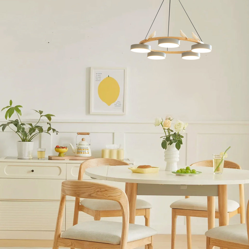 Nature-Inspired Bird Chandelier Round Wooden Frame with LED - Image 7