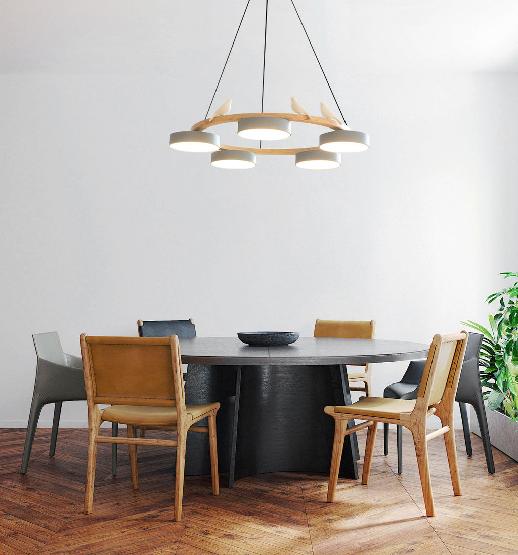 Nature-Inspired Bird Chandelier Round Wooden Frame with LED - Image 8