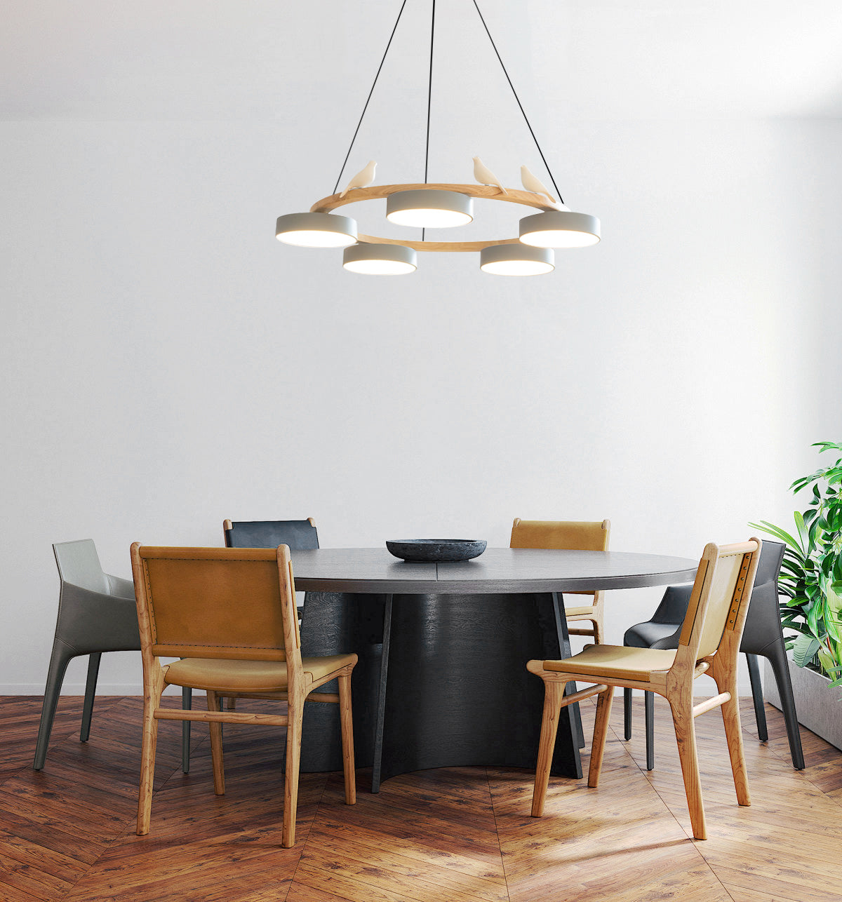 Nature-Inspired Bird Chandelier Round Wooden Frame with LED - Image 8