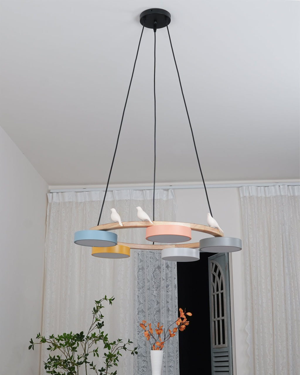 Nature-Inspired Bird Chandelier Round Wooden Frame with LED - Image 25