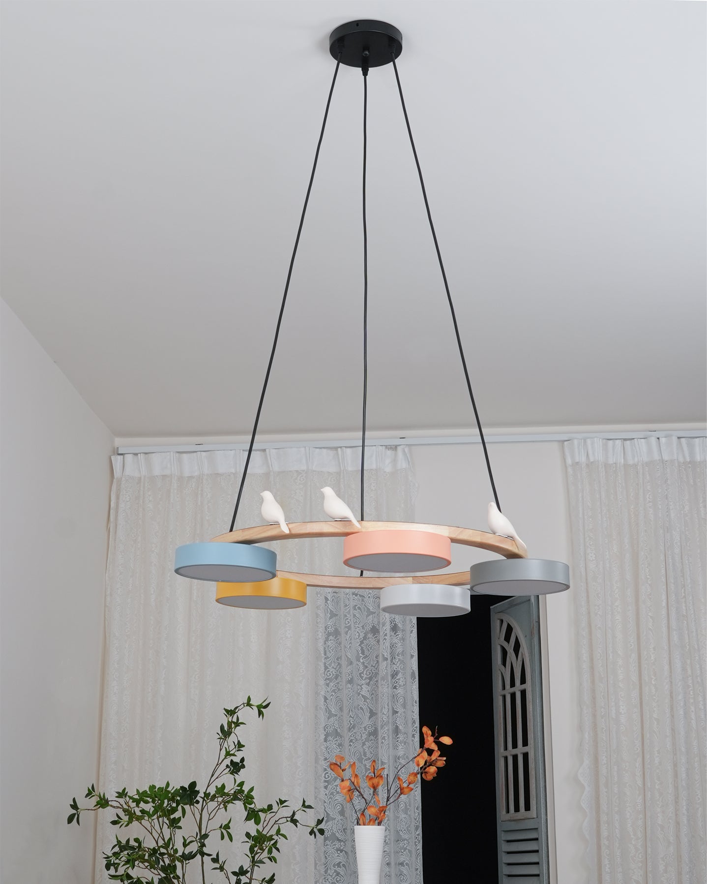 Nature-Inspired Bird Chandelier Round Wooden Frame with LED - Image 25