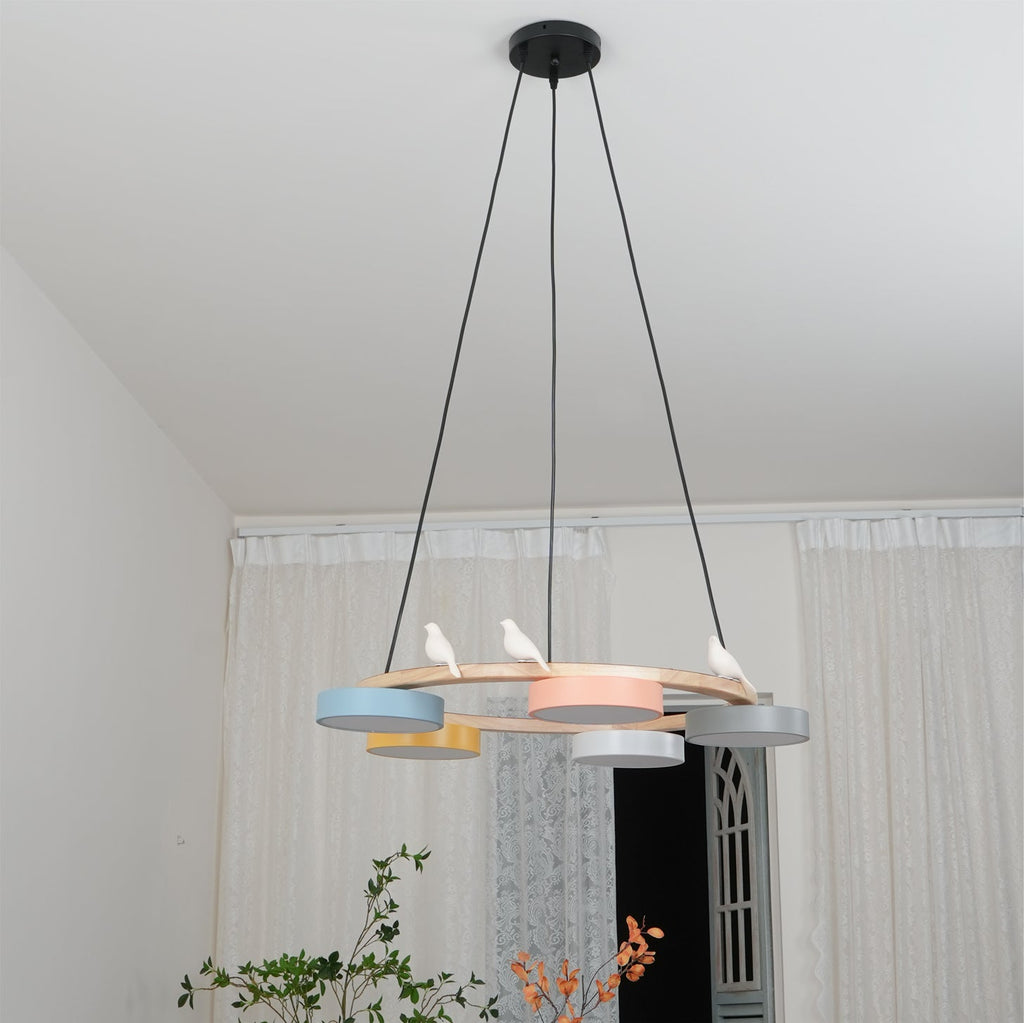 Nature-Inspired Bird Chandelier Round Wooden Frame with LED - Image 24