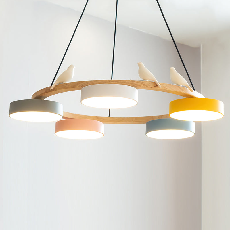 Nature-Inspired Bird Chandelier Round Wooden Frame with LED - Image 28