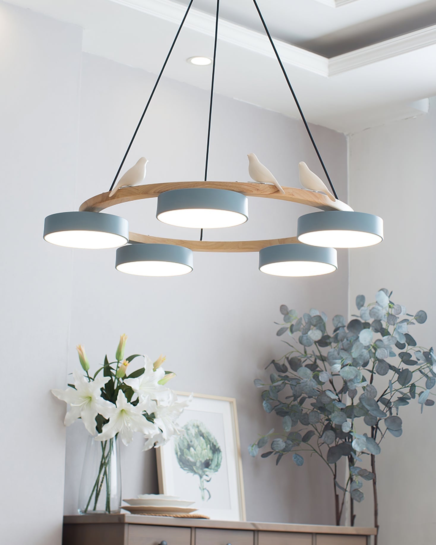 Nature-Inspired Bird Chandelier Round Wooden Frame with LED - Image 12