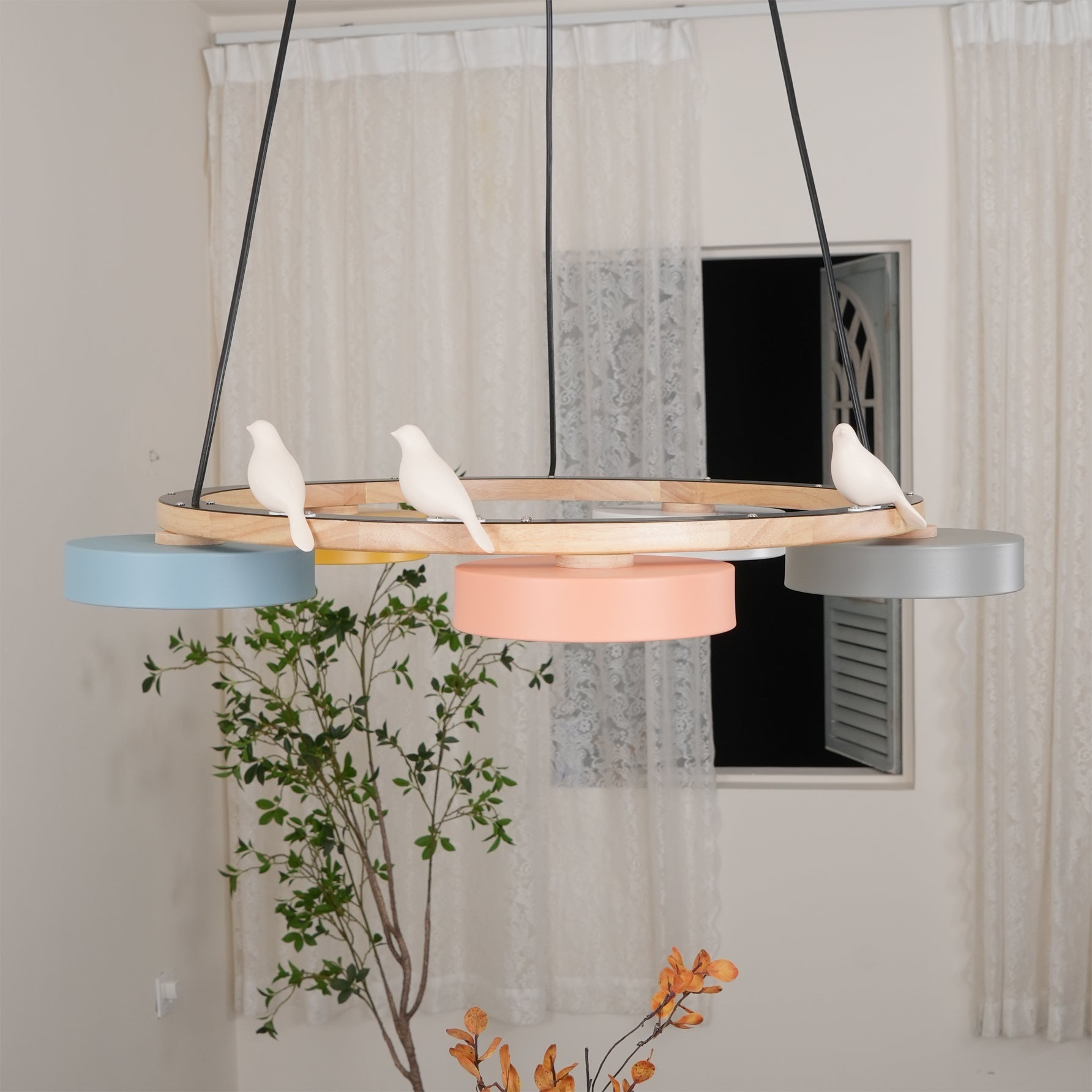 Nature-Inspired Bird Chandelier Round Wooden Frame with LED - Image 21