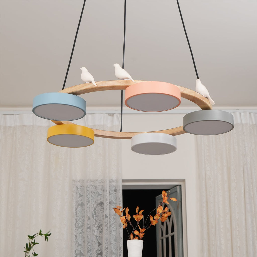 Nature-Inspired Bird Chandelier Round Wooden Frame with LED - Image 23