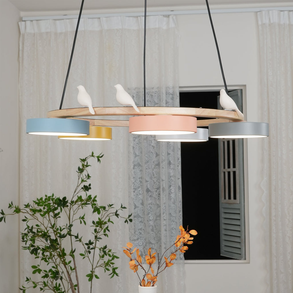 Nature-Inspired Bird Chandelier Round Wooden Frame with LED - Image 22