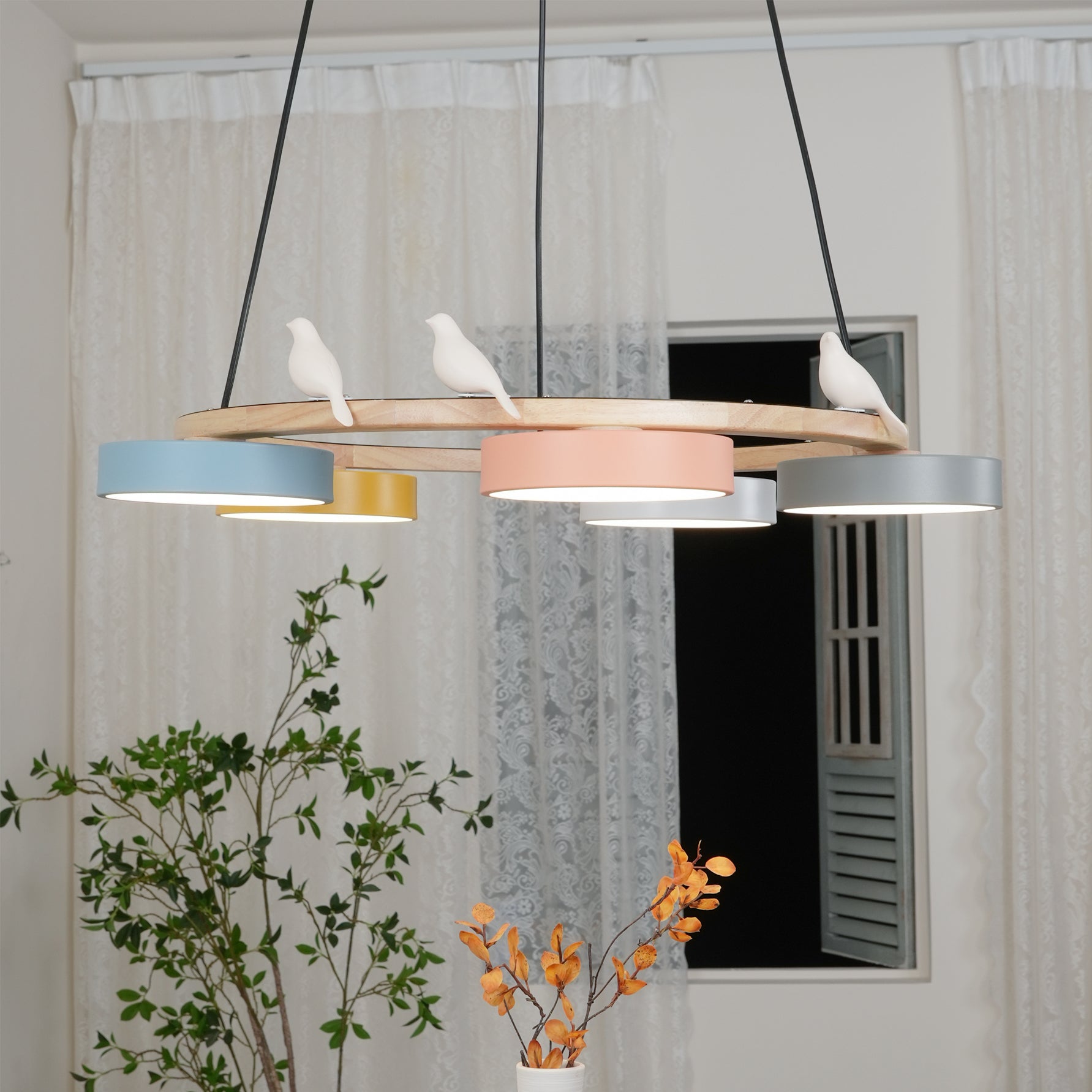Nature-Inspired Bird Chandelier Round Wooden Frame with LED - Image 22