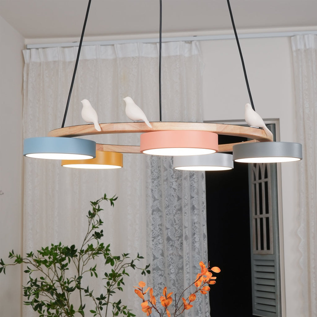 Nature-Inspired Bird Chandelier Round Wooden Frame with LED - Image 16